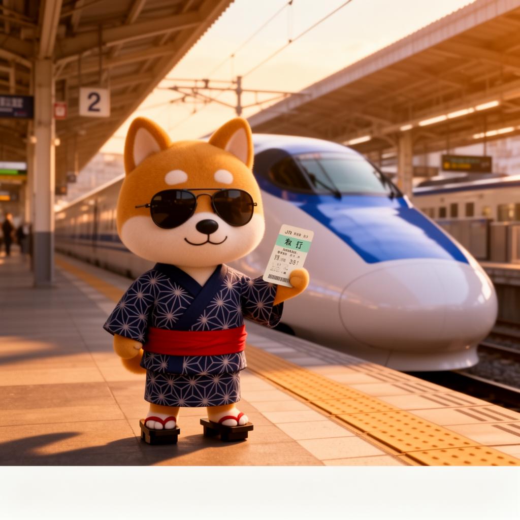 Shiba mascot holding a Japan Rail Pass at a Shinkansen platform