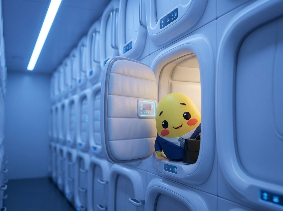 Kagi peeking out from a capsule hotel pod in Japan