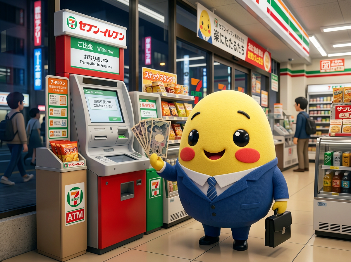 Kagi holding yen beside a 7-Eleven ATM in Japan