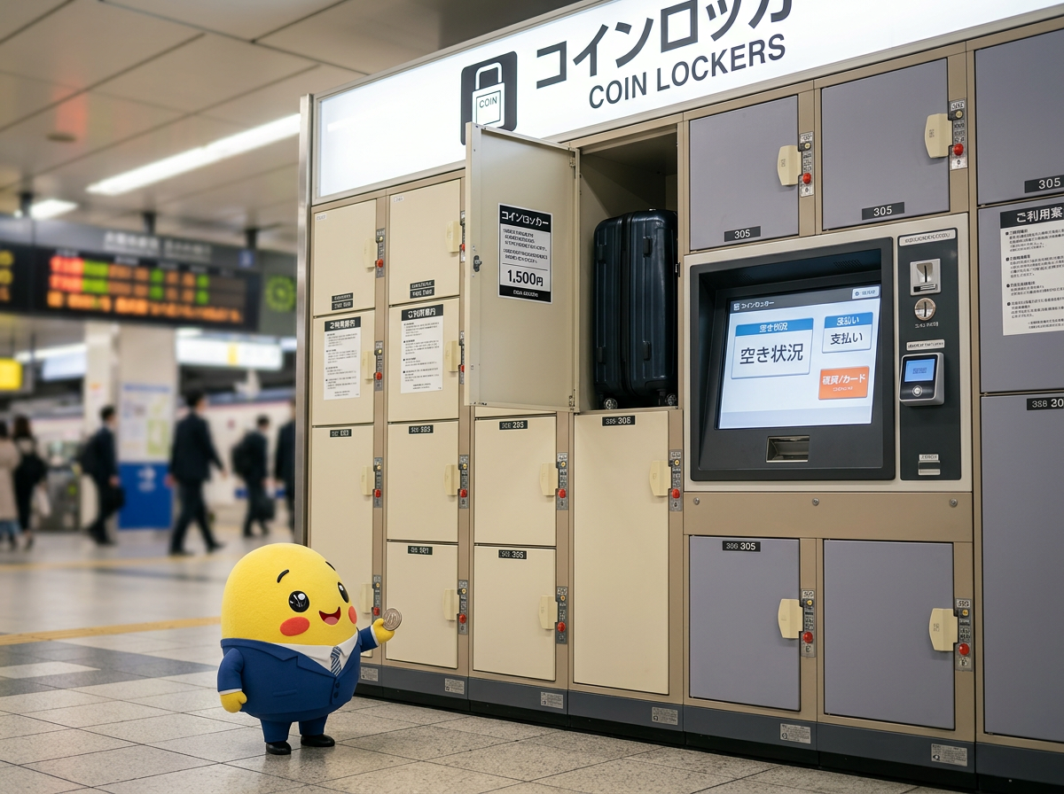Japanese train station coin lockers with touch screen payment panel