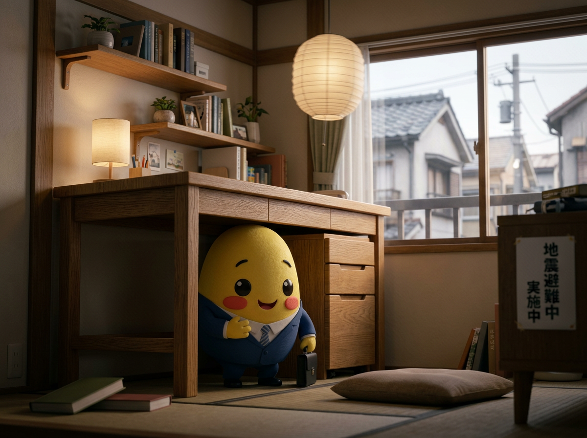 Kagi sheltering under a desk during an earthquake drill in a Japanese room
