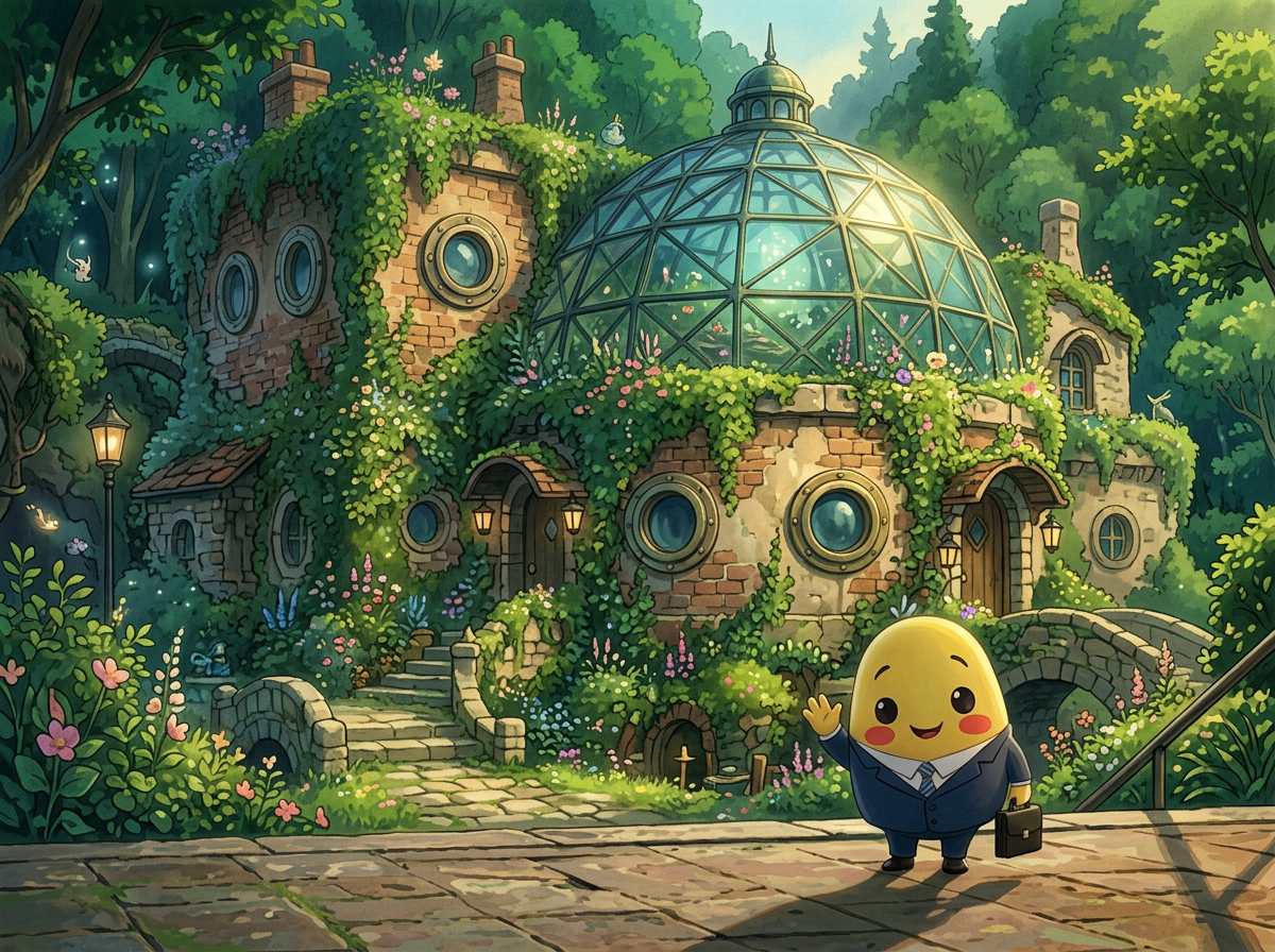 Kagi in front of a whimsical ivy-covered Studio Ghibli style building