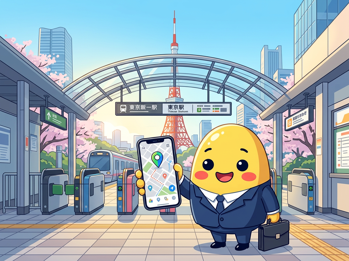 Kagi holding a smartphone with a map app at a Japanese train station entrance