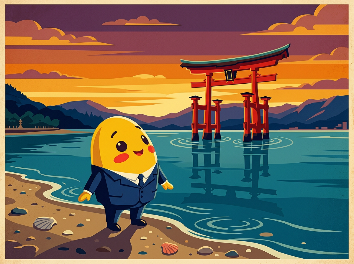 Kagi on the shore of Miyajima with the floating red torii gate of Itsukushima at sunset
