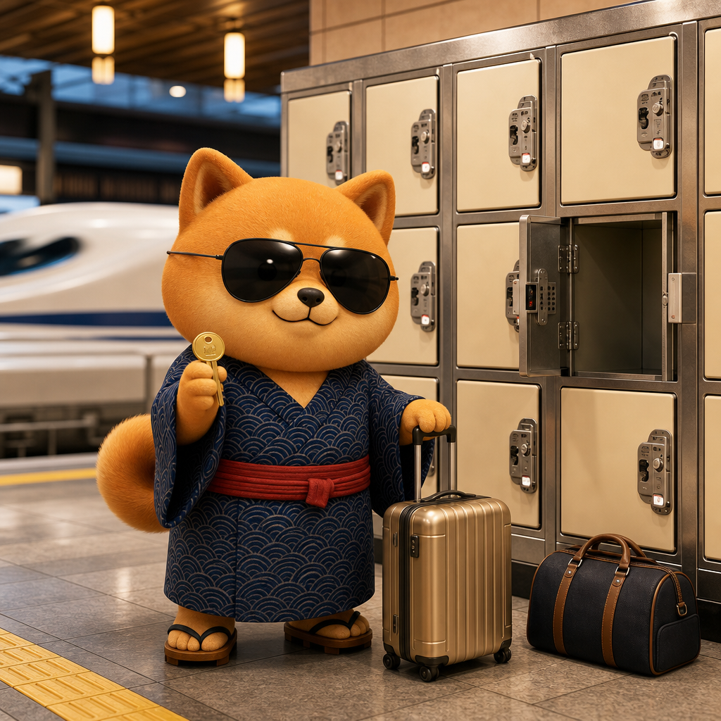 JapanLockers mascot opening a Japanese coin locker at a train station