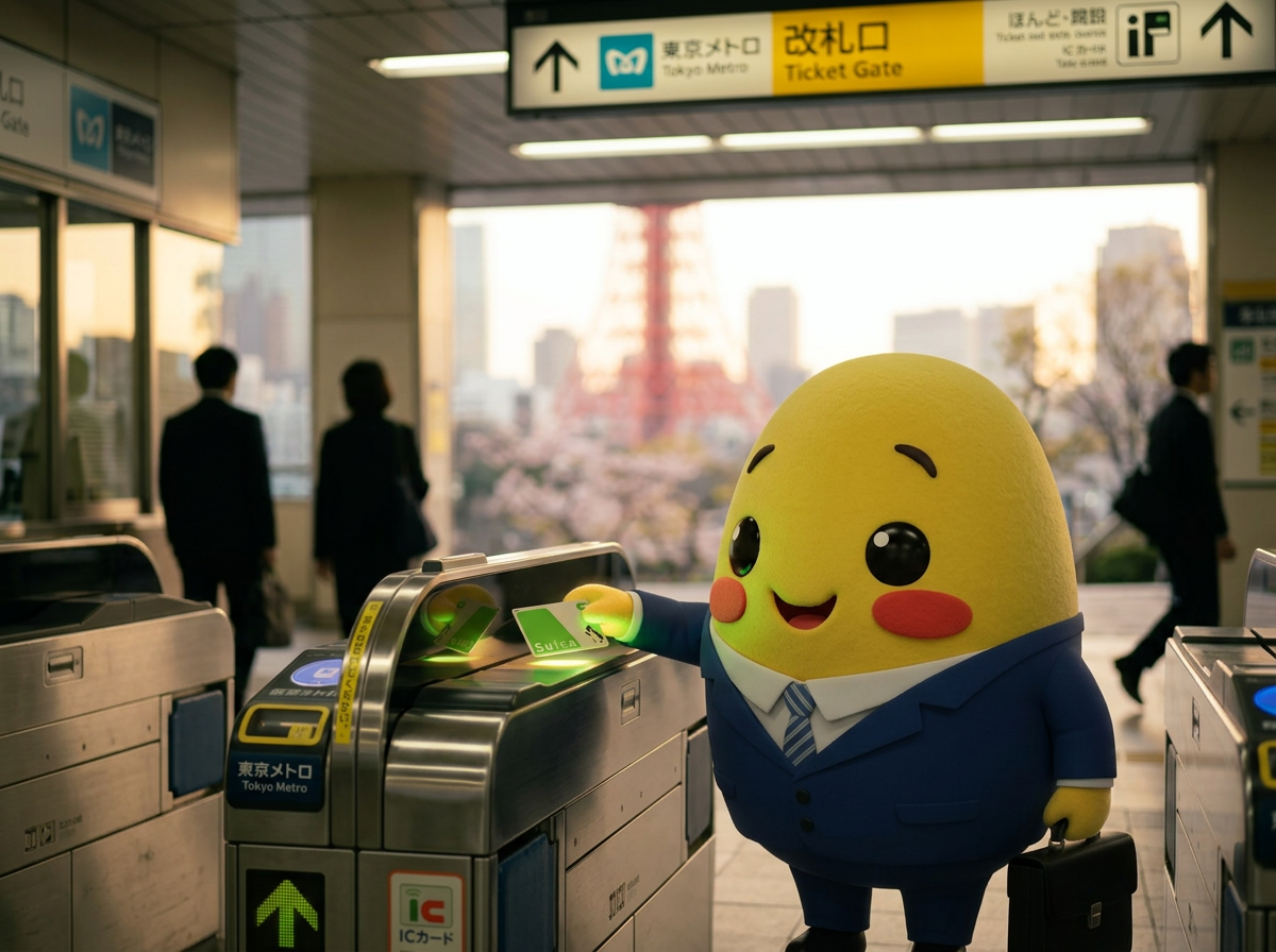 Kagi tapping a Suica card at a Tokyo Metro gate