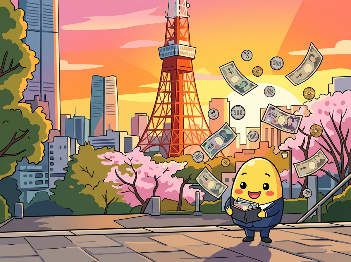 Kagi holding a wallet with yen banknotes floating around in front of Tokyo Tower