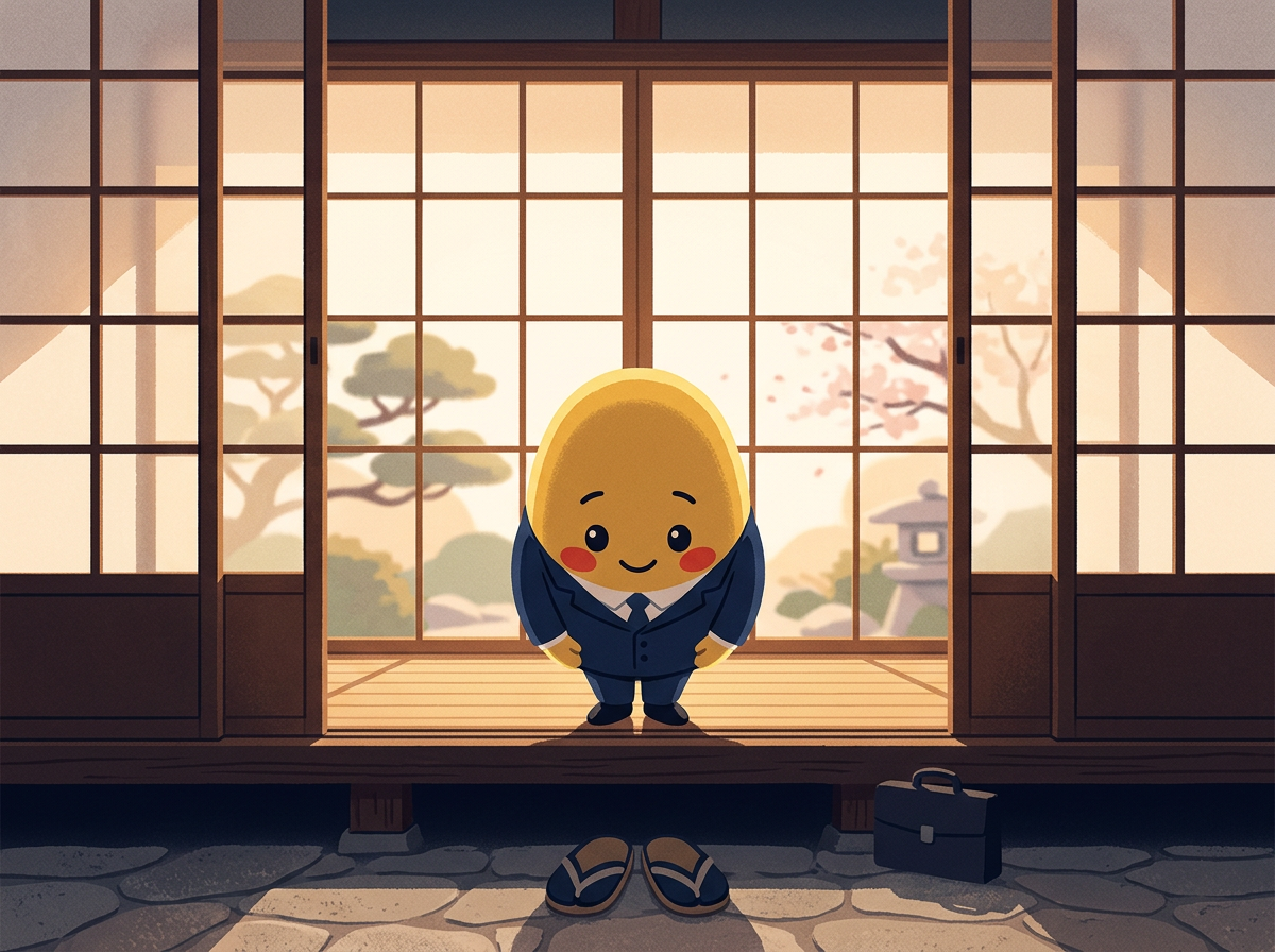 Kagi bowing politely in front of a traditional Japanese sliding shoji door