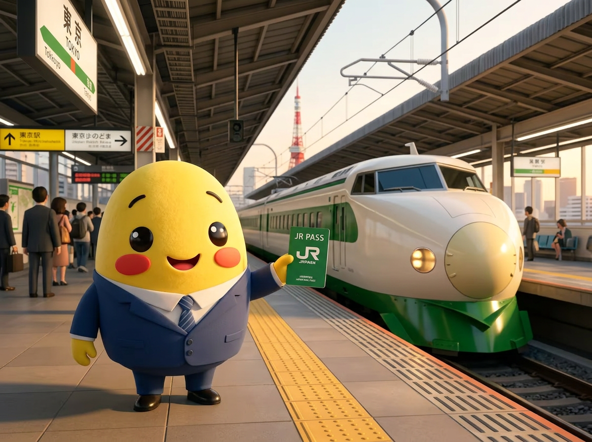 Kagi holding a JR Pass on a station platform beside a Shinkansen