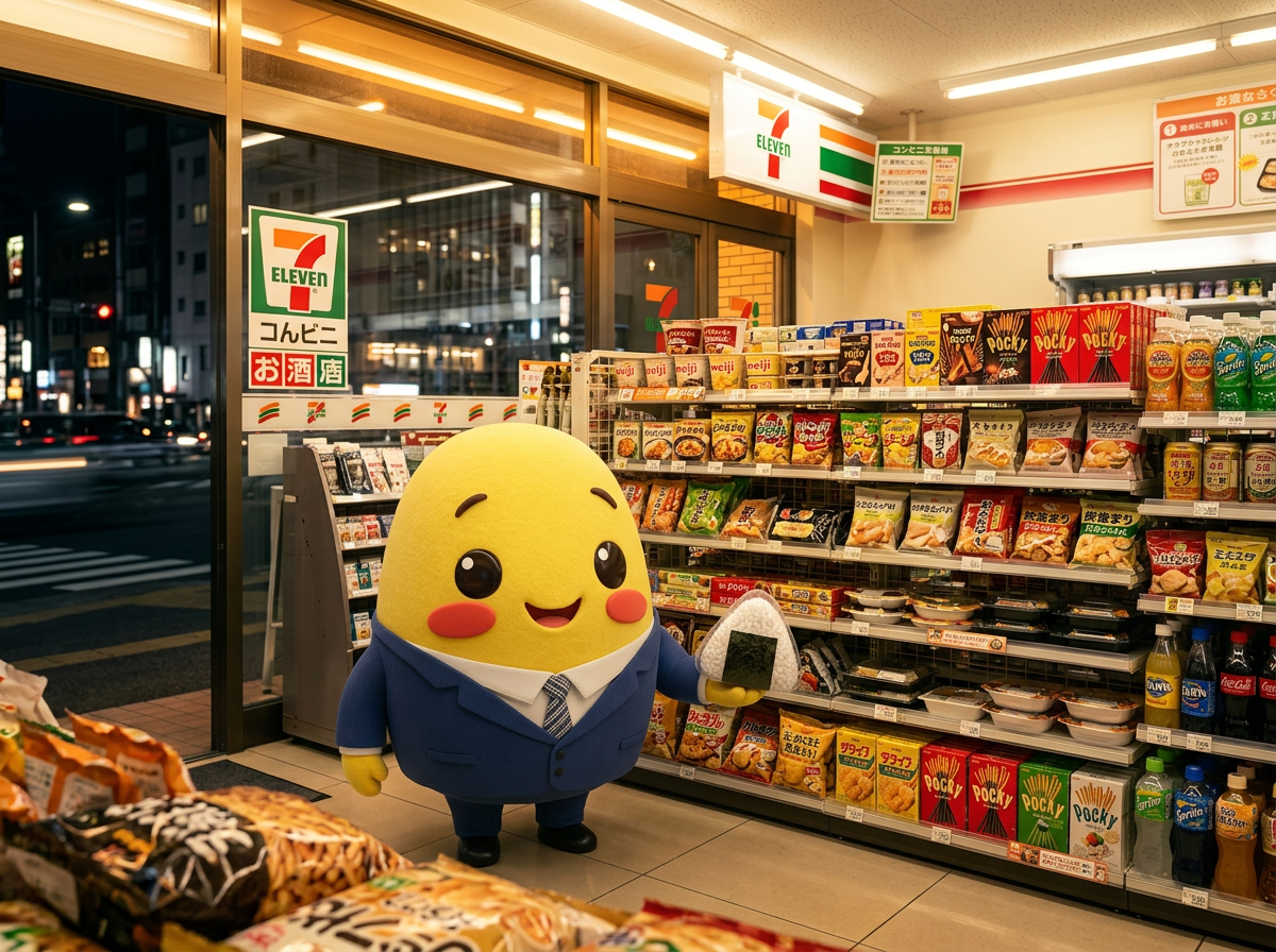 Kagi inside a Japanese 7-Eleven holding an onigiri