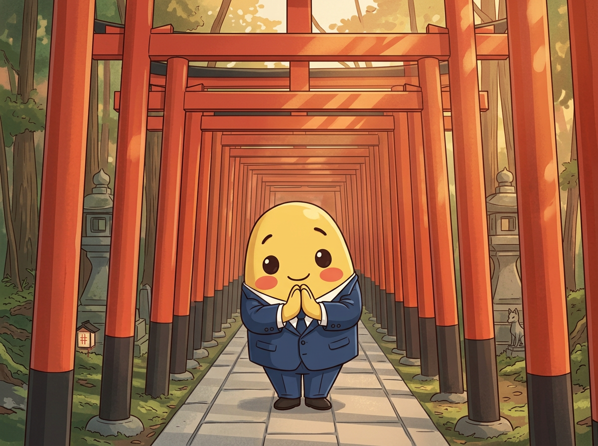 Kagi standing in the red torii gate tunnel at Fushimi Inari shrine in Kyoto