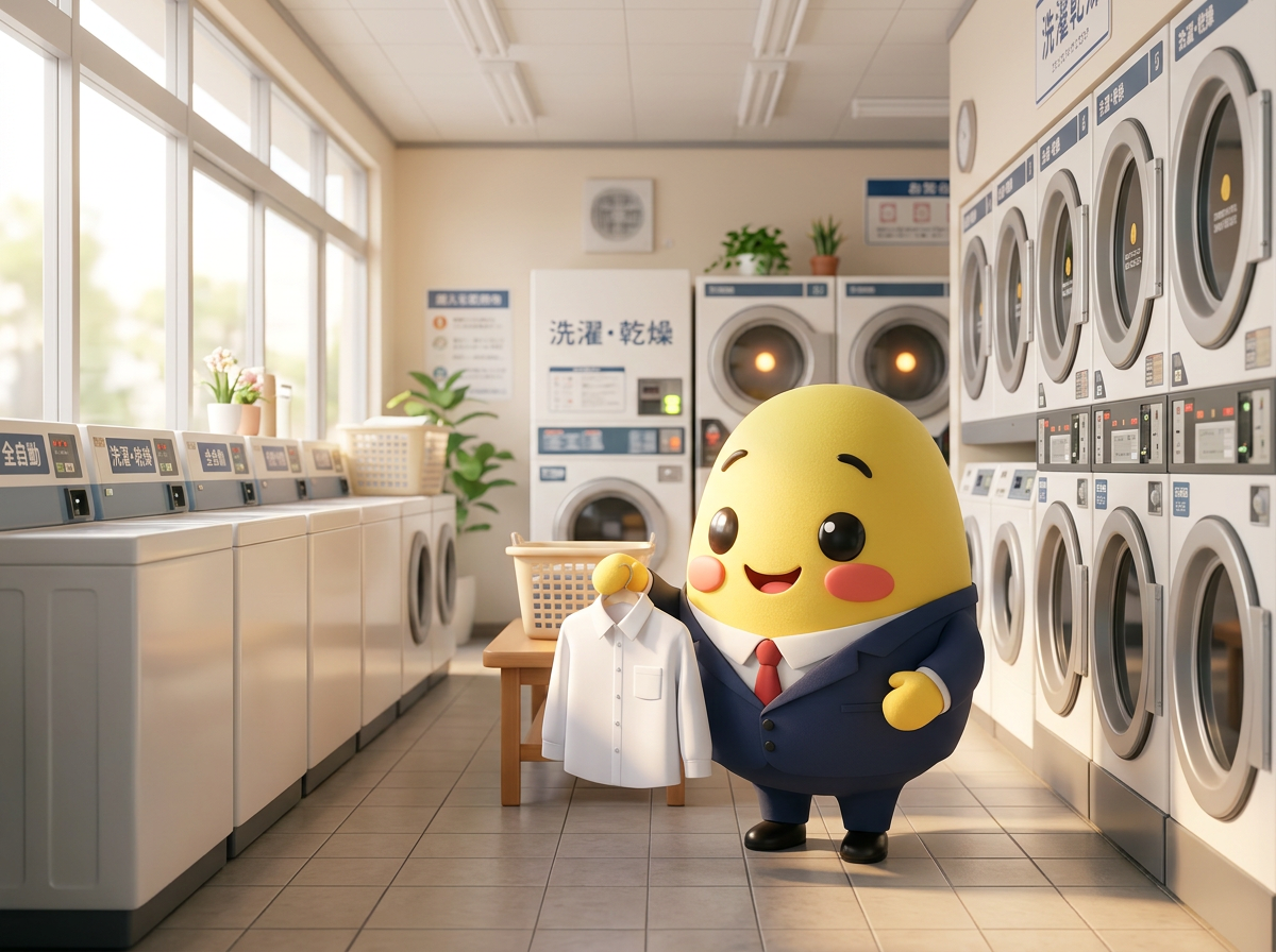 Kagi holding a shirt in a bright Japanese coin laundromat