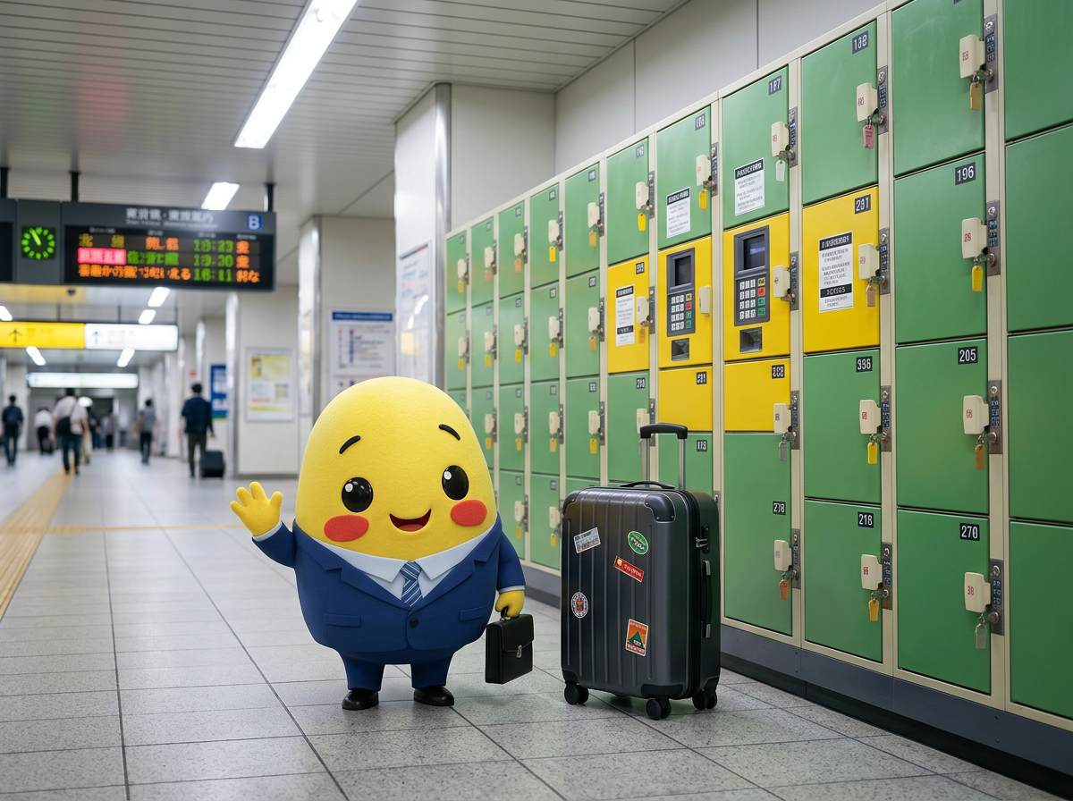Kagi with a suitcase standing beside Japanese station coin lockers