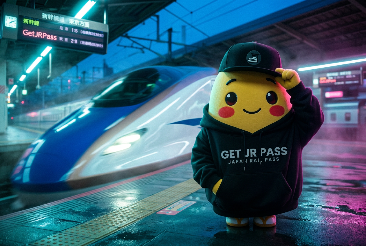 GetJRPass mascot at a Japanese train station with a rail pass