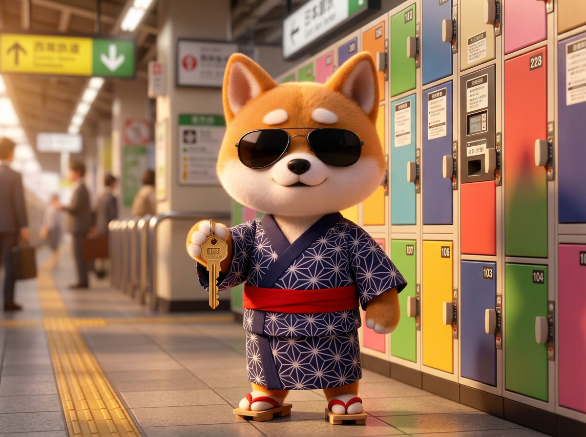 JapanLockers mascot Momo holding a locker key in front of colorful Japanese coin lockers