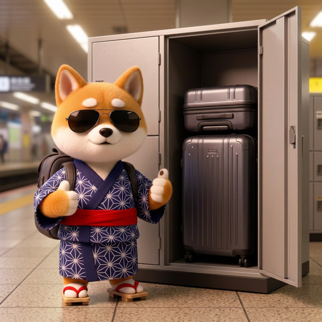 Momo giving a thumbs up next to a large coin locker with suitcases