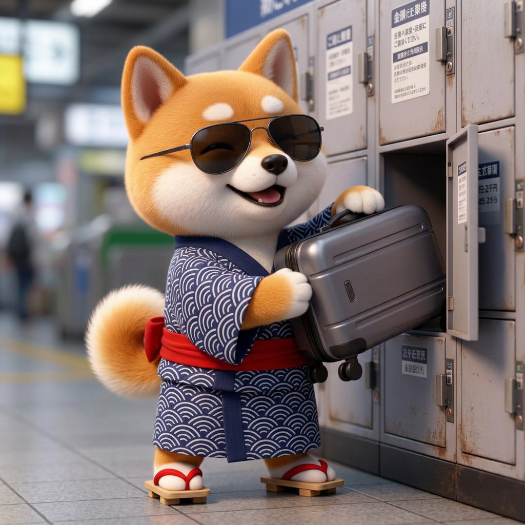 Momo loading a suitcase into a Japanese coin locker