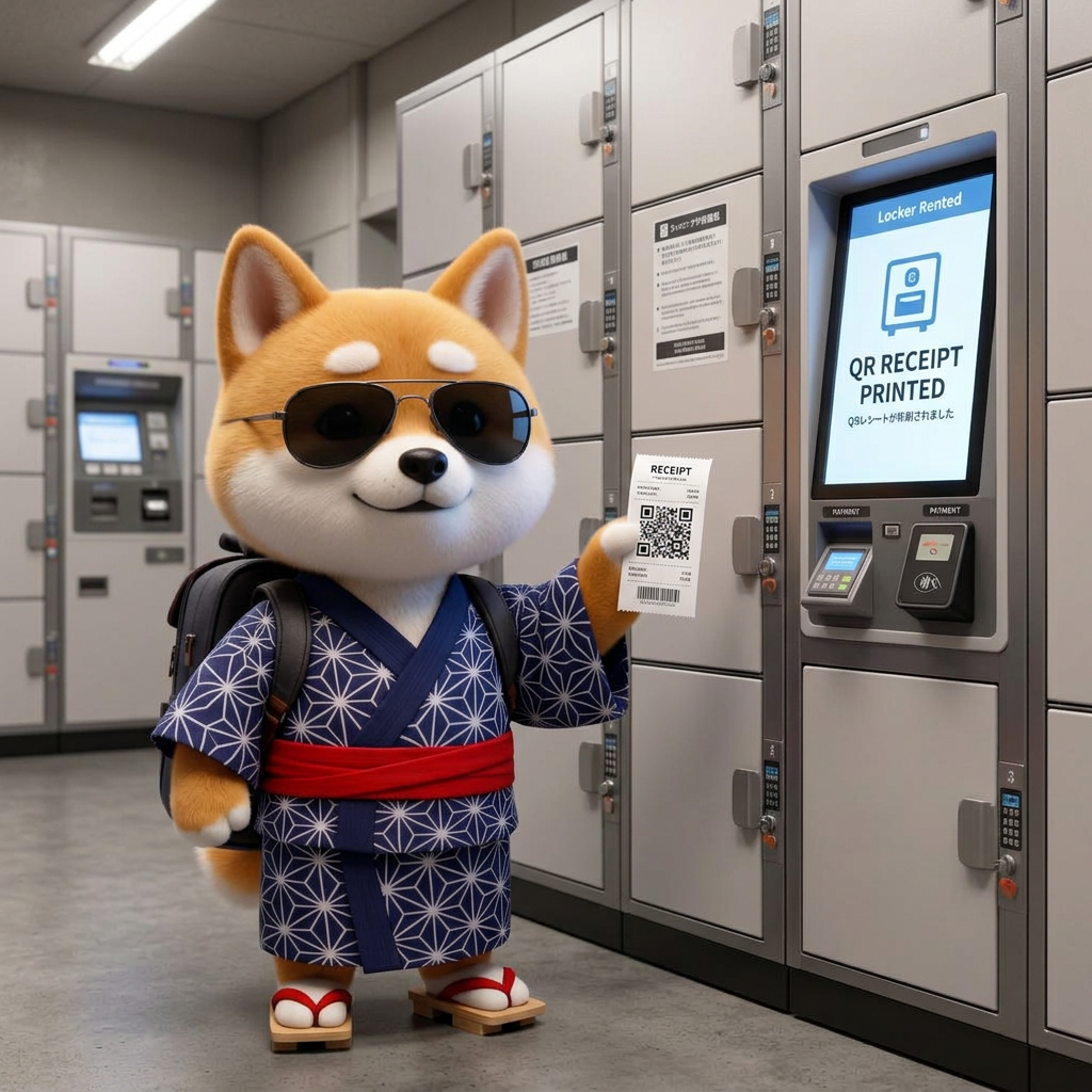 Momo holding a QR receipt next to a touch screen coin locker