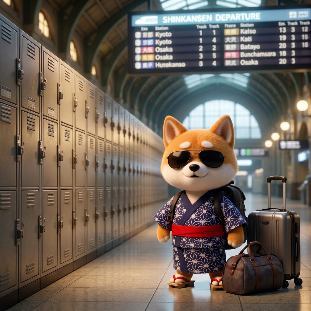 Momo with luggage at Tokyo Station coin lockers