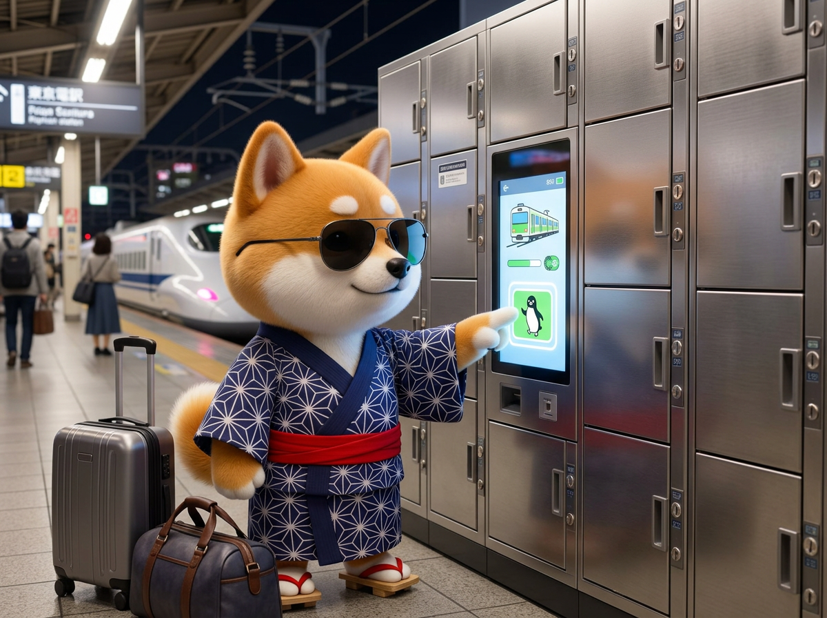 Momo paying at a touch screen coin locker panel at a Japanese train station