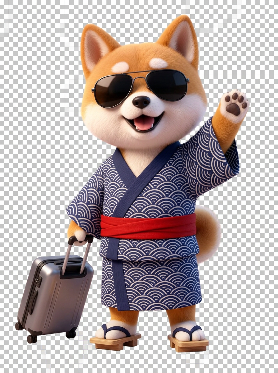 JapanLockers mascot Momo waving with a rolling suitcase