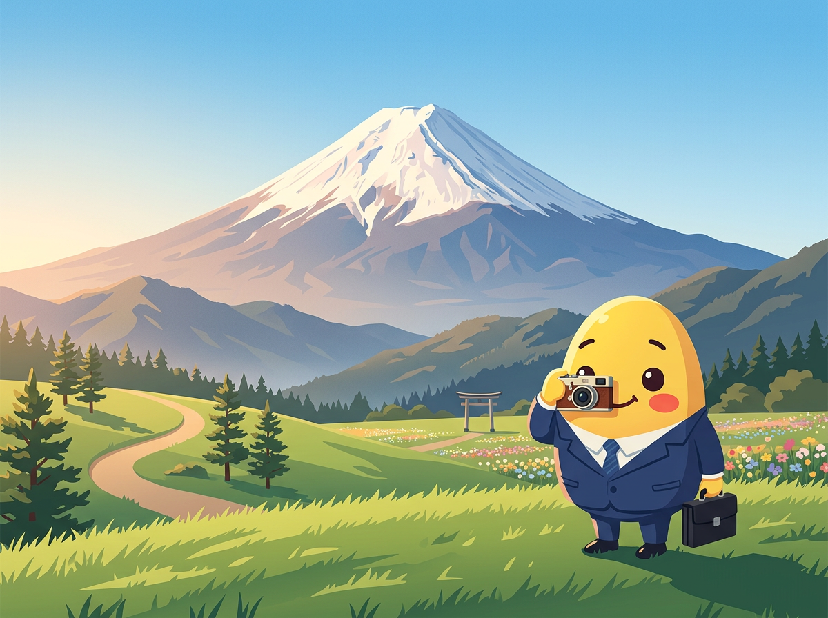 Kagi taking a photo of Mount Fuji from a grassy viewpoint