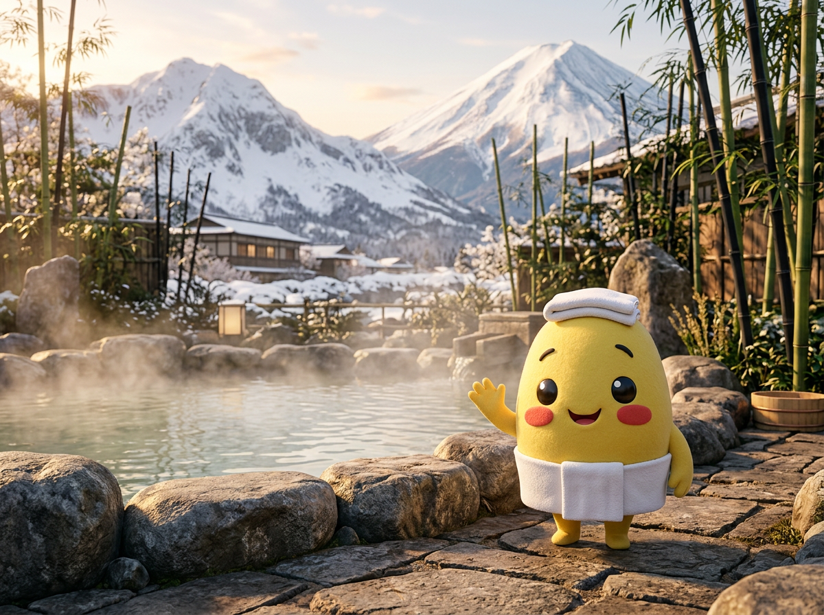 Kagi in an outdoor onsen setting with towel and snowy mountains