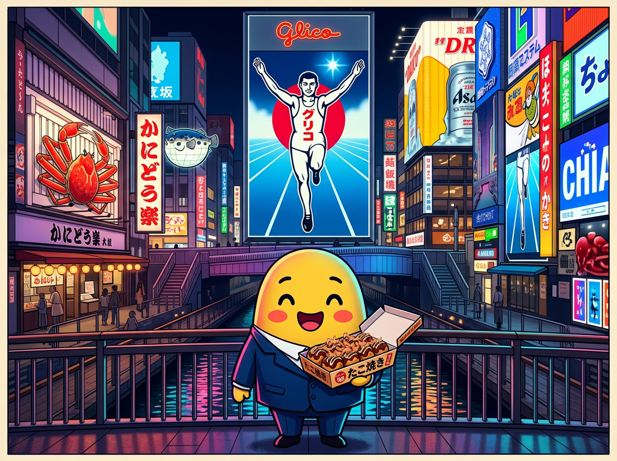 Kagi holding a takoyaki box on Dotonbori bridge with neon signs behind him