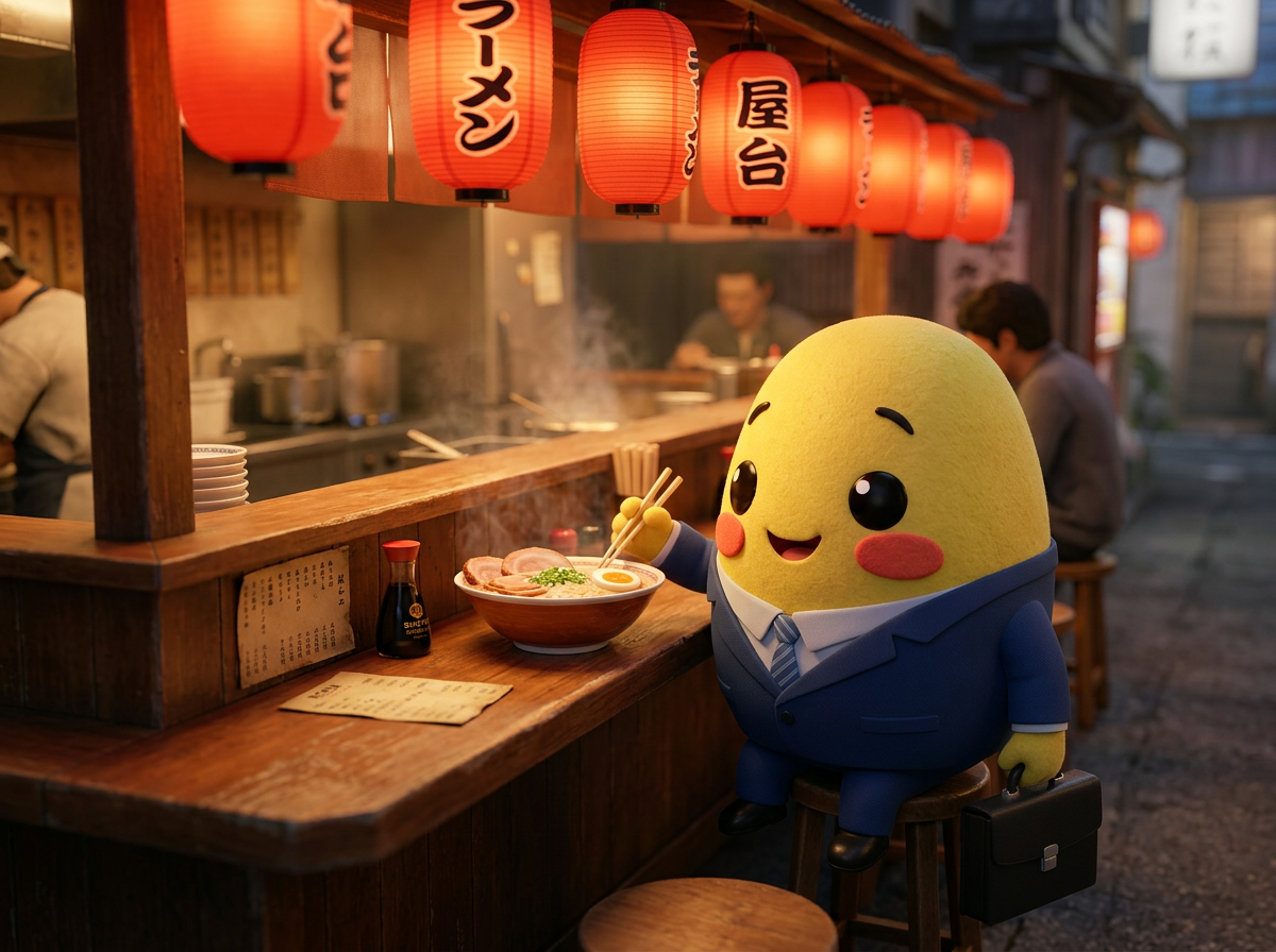 Kagi eating ramen at a lantern-lit ramen counter in Japan
