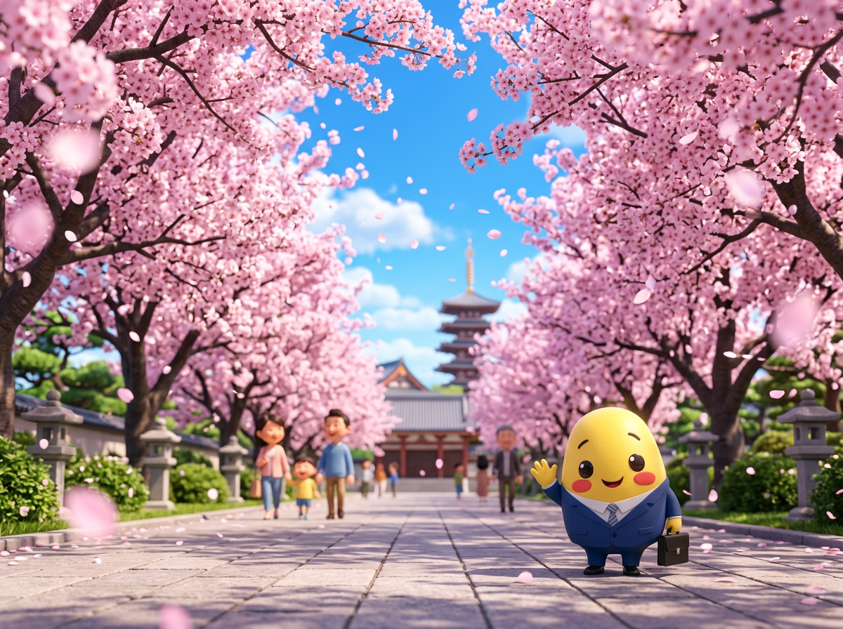 Kagi under pink cherry blossoms on a temple path in Japan