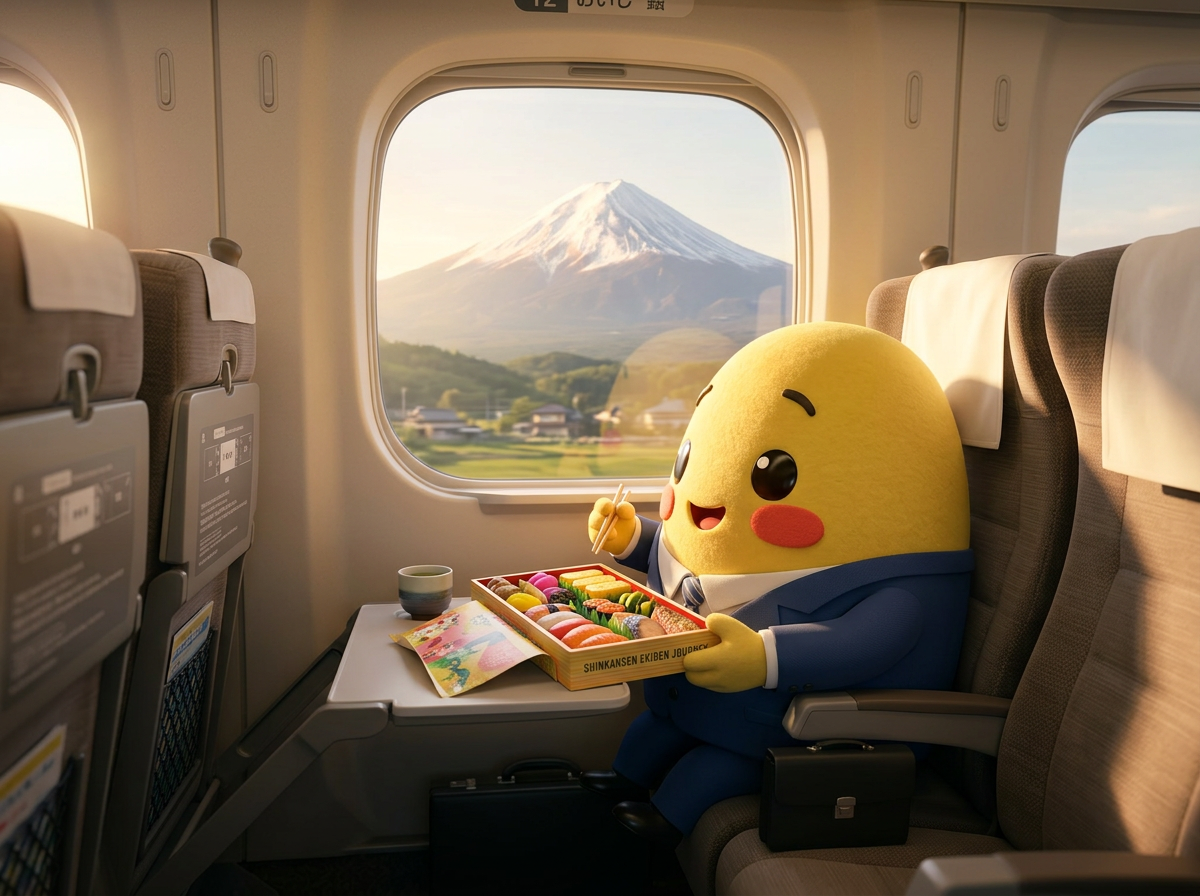 Kagi eating an ekiben on a Shinkansen with Mount Fuji outside