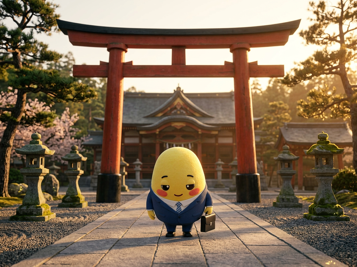 Kagi bowing politely beneath a large torii gate at a shrine