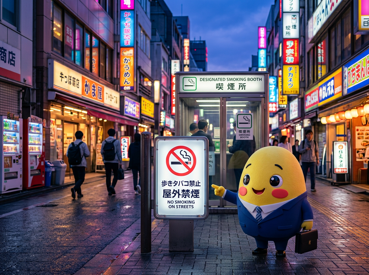 Kagi pointing to a no smoking on streets sign beside a designated booth in Tokyo