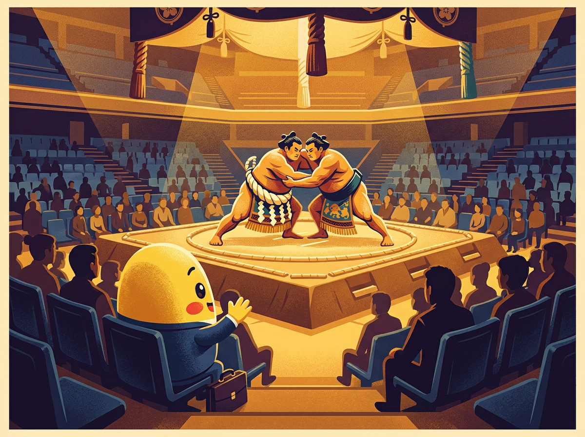 Kagi sitting in the audience watching two sumo wrestlers face off in the ring