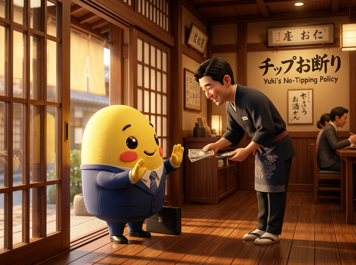 Kagi politely refusing to tip a waiter in a Japanese restaurant