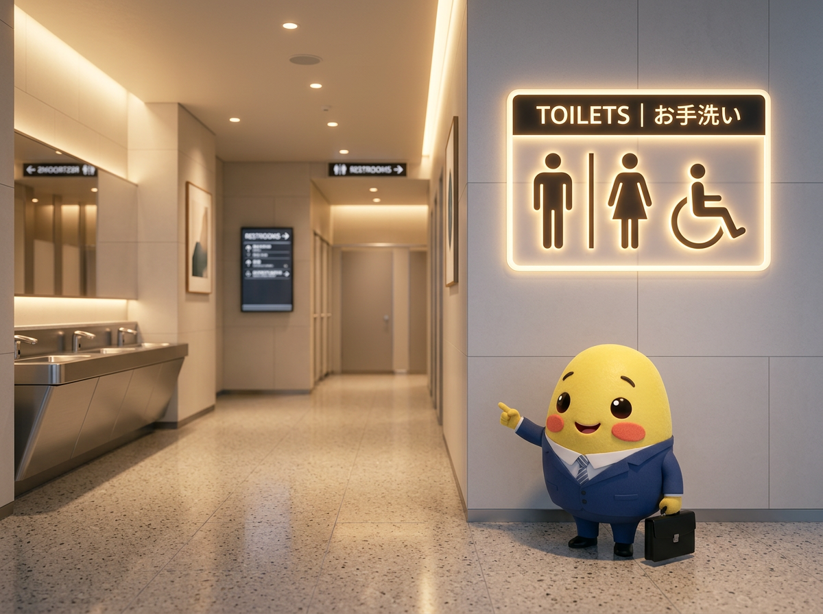Kagi pointing to a glowing restroom sign in a modern Japanese station