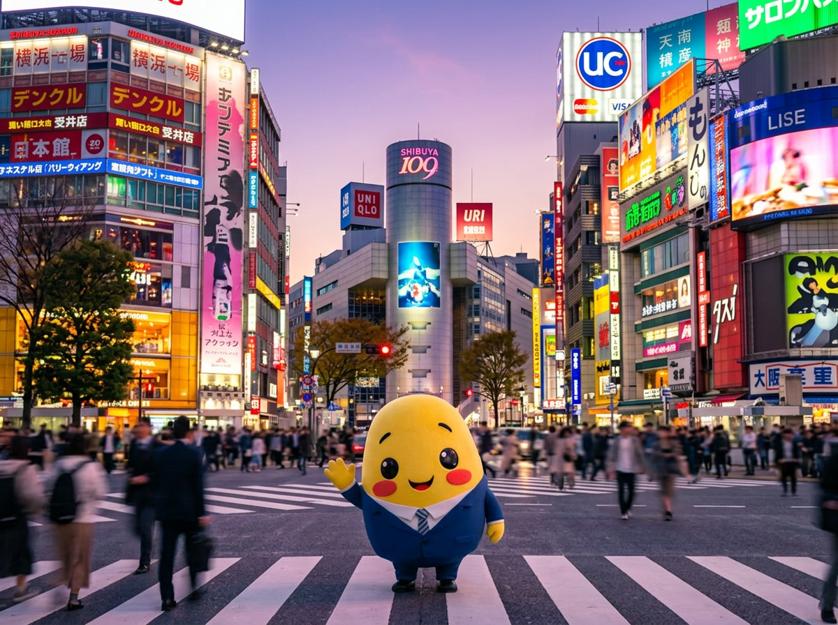 Kagi waving at the Shibuya scramble crossing under glowing neon billboards