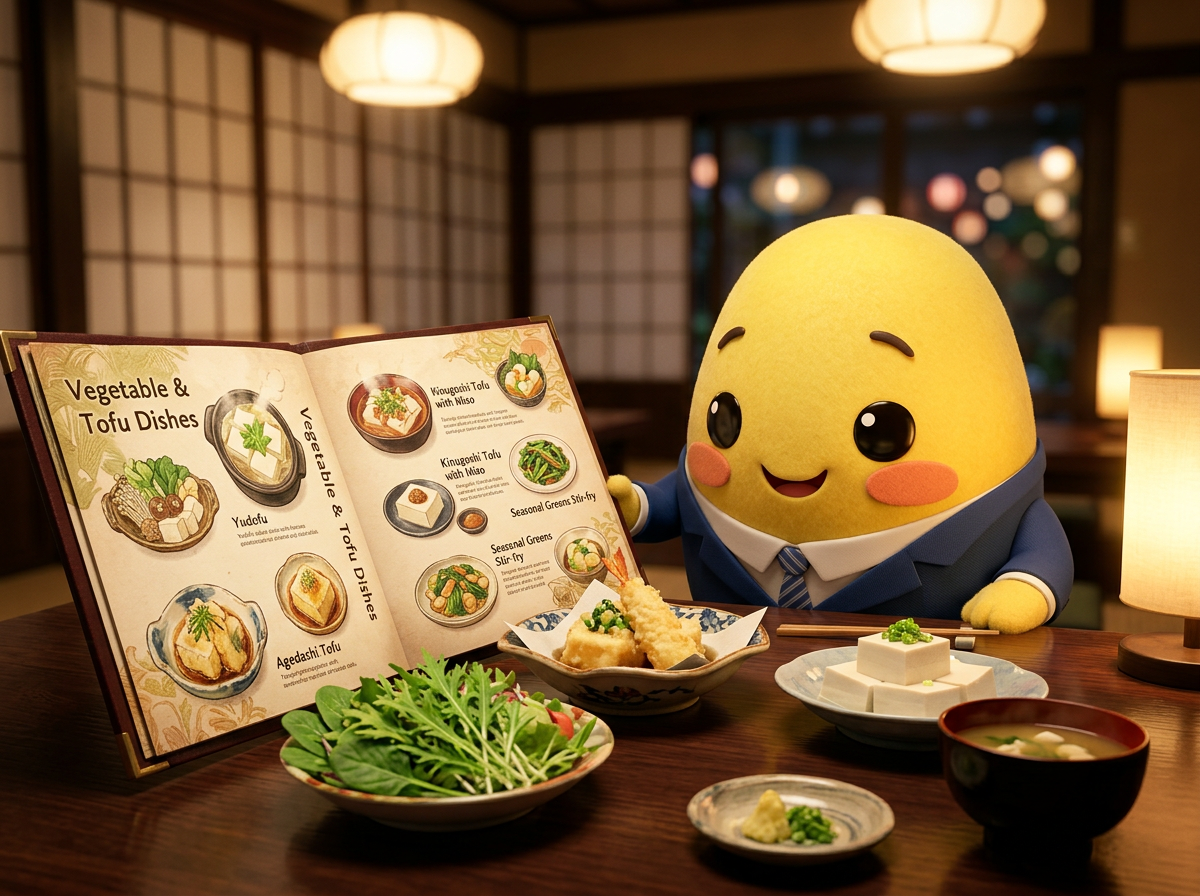 Kagi reading a vegetarian menu with tofu dishes in a Japanese restaurant