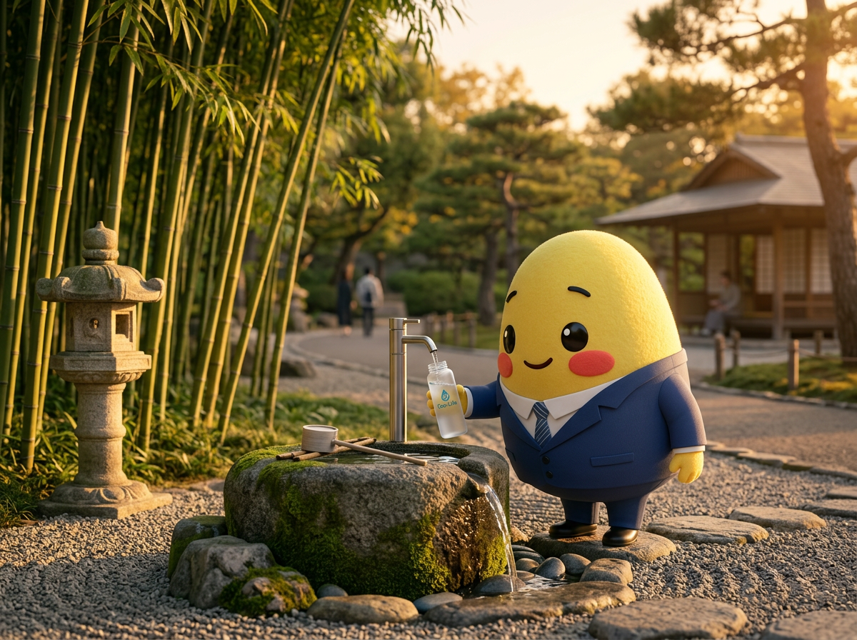 Kagi refilling a water bottle at a Japanese stone fountain