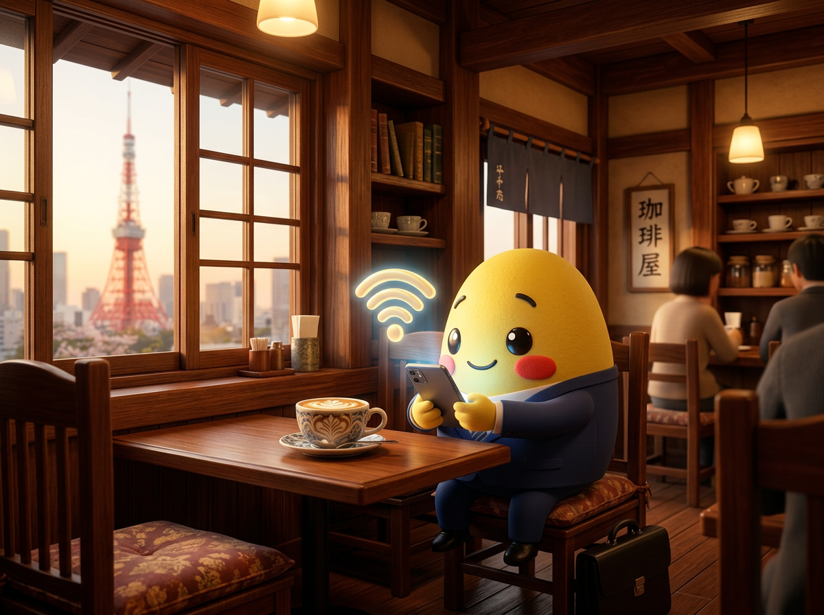 Kagi using a phone with a wifi icon in a cozy Japanese cafe